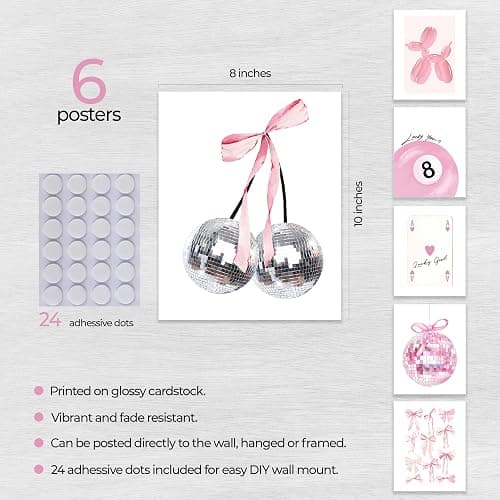 Coquette Room Decor, Preppy Aesthetic Posters for Room, Pink Disco 8 Ball Wall Art Prints, Trendy Cute Teen Girls College Dorm Bedroom TikTok Lucky Cherry Wall Posters, 8 x 10 Unframed, Set of 6 thumbnail 5