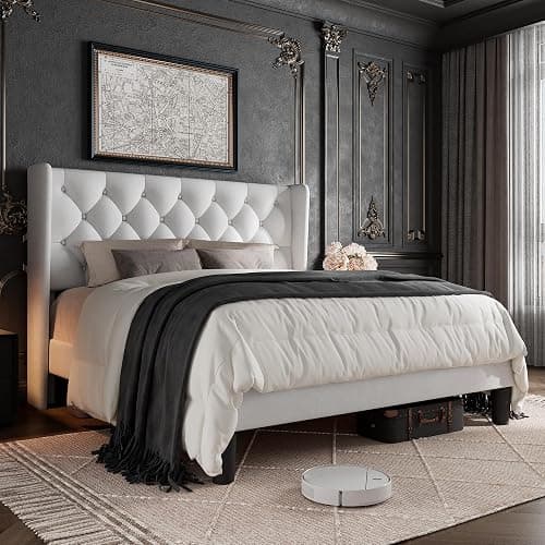 GalnFu Queen Size Bed Frame with Button Tufted Headboard, Upholstered Platform Bed Frame with UnderBed Storage, Wooden Slats Supports, Noise Free, No Box Spring Needed, Easy Assembly, White - Image 1