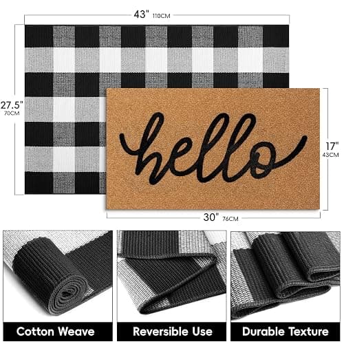 2 Pcs Welcome Door Mat Set, Layered Hello Coir Doormat with Black and White Buffalo Plaid Mat, Front Door Mats with Non-Slip TPR Backing, Farmhouse Modern Door Decor for Porch, Entryway, Patio thumbnail 2