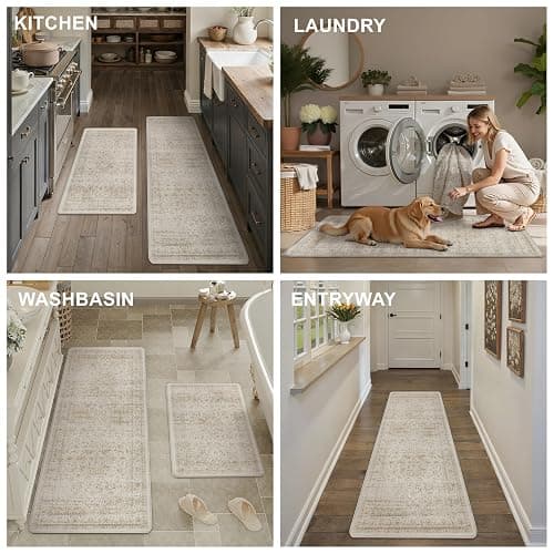WondRg Vintage Kitchen Mats for Floor Anti Fatigue Waterproof Kitchen Rugs Sets of 2 Beige Cushioned Non-Slip Kitchen Mats Comfort Standing Mat for Sink Laundry Office 17.3"×47"+17.3"×30" thumbnail 5