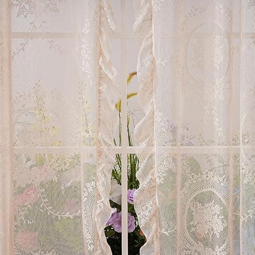 102 Inches Length Beige Lace Curtains for Bedroom 2 Panels Set Vintage Boho Curtains Sheer Floral Embroidery Ruffled Window Treatment thumbnail 4