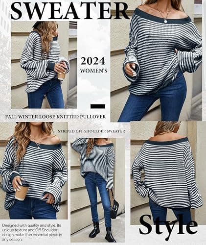 MARZXIN Women's 2025 Fall Long Sleeve Sweaters Casual Loose Striped Off Shoulder Casual Oversized Knitted Sweater Pullovers thumbnail 5