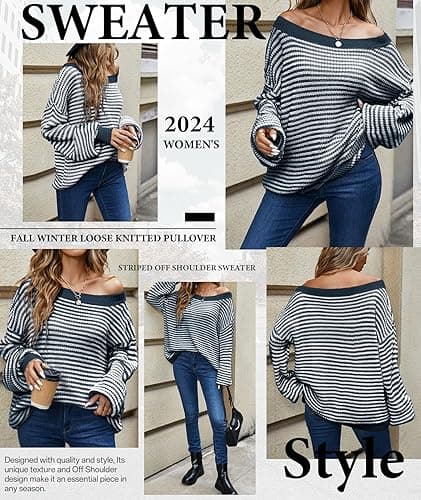 MARZXIN Women's 2025 Fall Long Sleeve Sweaters Casual Loose Striped Off Shoulder Casual Oversized Knitted Sweater Pullovers thumbnail 6