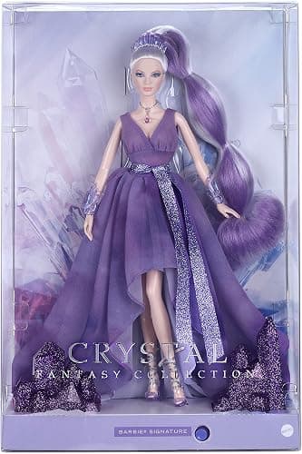 Barbie Crystal Fantasy Collection Amethyst Doll (13-in, Platinum Hair) with Genuine Amethyst Stone Necklace, Wearing Gown and Accessories, Gift for Collectors - Purple thumbnail 6