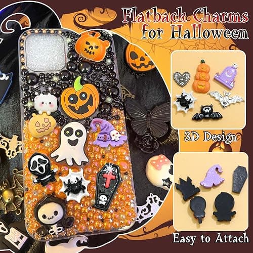 BELICEY Halloween Junk Case Charms Resin Pumpkin Skeleton Hand Charm for Phone Cases Bat Cross Spider Junk Charms Kit 3D Ghost Flatback Pearls Letter Beads Customizing DIY Craft thumbnail 2