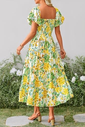 PRETTYGARDEN Women's Smocked Midi Wedding Guest Dress | Puff Short Sleeve, Square Neck A Line, Tiered Ruffle Hem, Long Dresses, Beach Vacation, Cocktail Party, Summer Outfits thumbnail 2