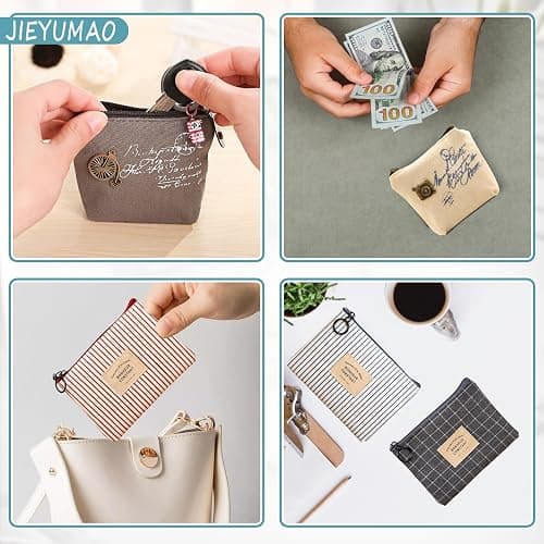 JIEYUMAO Small Coin Purse, 9Pcs Canvas Coin Purse with Keychain, 9 Styles Mini Makeup Bag for Women, Multicolor Mini Pouch Change Wallet Small Coin Pouch for Lipstick Jewelry Card thumbnail 7