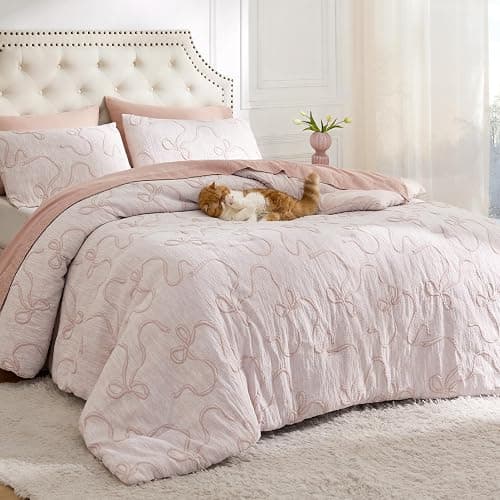 Bedsure Pink Comforter Set Queen, GentleSoft™ 3 Pieces Breathable Bow Comforter Set Women Girls with 2 Pillow Shams, Cute Queen Bedding Sets Pink Room Decor Aesthetic Bedroom Decor, 90x90 Inches thumbnail 6