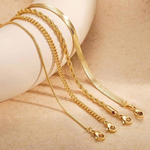 Tewiky Layered Necklaces for Women 14k Gold Plated Chain Necklace Set | Chunky Herringbone/Snake/Rope/Box/Cuban Link Chain for Women, Layering Stack Choker Necklace, Dainty Jewelry Set Non Tarnish thumbnail 8