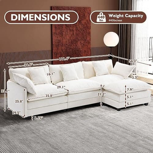 Ihanherry 111.4" L Shaped Modern Sofa Modular Sectional Cloud Couch with Ottoman, 4-Seat Chenille Deep Seat Sofa with Pillow for Living Room, Bedroom and Apartment, Beige thumbnail 6
