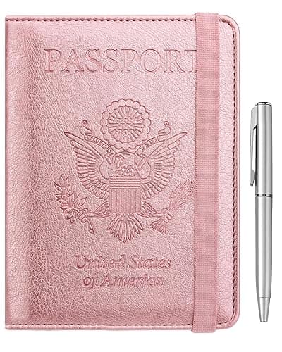WALNEW Passport Holder for Travel, RFID Passport Cover Wallet for Women Men, PU Leather Passport Book Card Holder Case with Pen (Elastic Band Closure, A-Rosegold) - Image 1