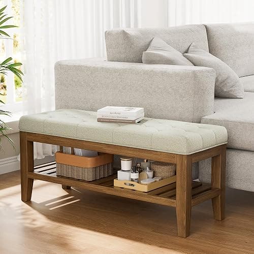 YaFiti End of Bed Storage Bench, 42.9" Entryway Shoe Bench with Solid Wood Shelf, Upholstered Ottoman with Padded Seat for Bedroom, Hallway and Living Room, Beige thumbnail 4
