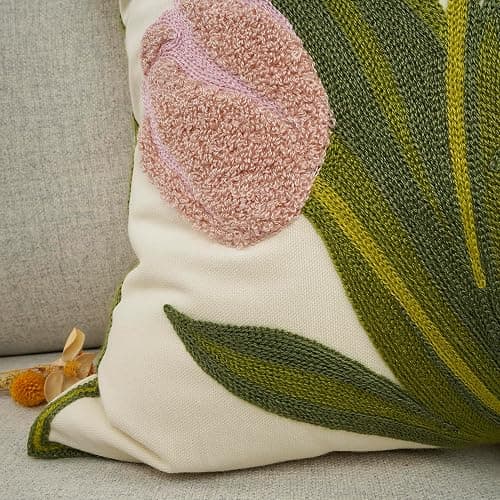 YOUR SMILE Pack of 2 Embroidered Decorative Throw Pillow Cover 18x18 Inch Farmhouse Floral Floor Pillowcase for Couch Living Room Sofa Bed,Pink Tulip thumbnail 7