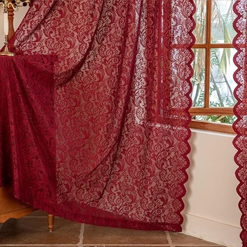 ALIGOGO Burgundy Sheer Curtains 63 Inch Length 2 Panels, Victorian Floral Red Lace Curtains for Bedroom, Embroidered Privacy Rod Pocket Scalloped Burgundy Home Décor, 52W x 63L Inch, Dark Red thumbnail 5