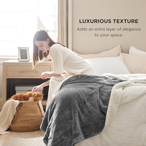 Bedsure GentleSoft Sherpa Fleece Blankets Queen Size for Bed - Thick and Warm Throw for Women and Men, Soft Fuzzy Plush Queen Blanket for Winter, Grey, 90x90 Inches thumbnail 5