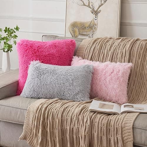 ANRODUO Pack of 2 Hot Pink Throw Pillow Covers Luxury Fluffy Pillows Faux Fur Decorative Pillows Plush Cushion Case Fuzzy Mongolian Merin Style for Bed Couch Sofa Living Room Fall Decor 18x18 Inch thumbnail 6