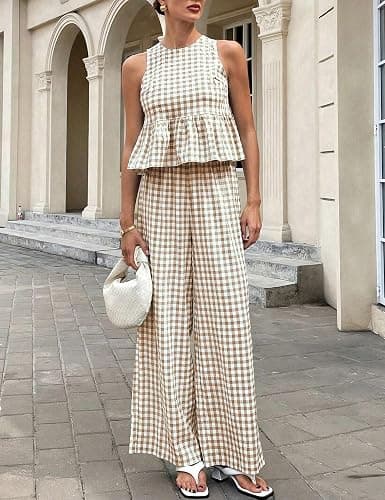 Tanming Women's 2 Piece Set Outfits Gingham Plaid Tank Tops Wide Leg Pants Matching Lounge Sets thumbnail 6