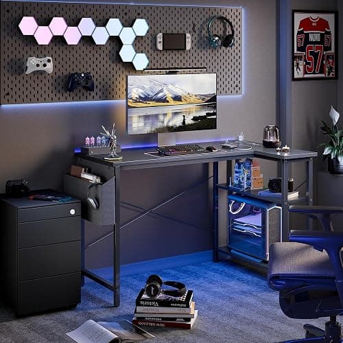 TIQLAB Small L Shaped Computer Gaming Corner Desk with Power Outlets, Reversible Shelves for Study, Writing Table for Home, Office, Bedroom, Living Room, 40 inches, Black thumbnail 2