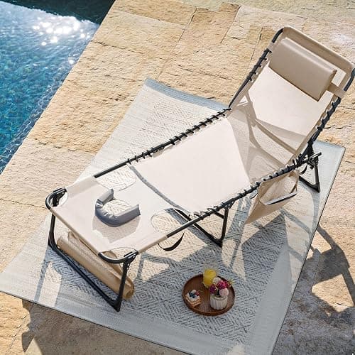 Flamaker Face Down Chaise Lounge Chair 5-Position Adjustable Sunbathing, Foldable Tanning Chair with Face& Arm Holes, Outdoor Recliner Chair for Pool, Beach, Patio, Lawn (Beige, 1 Pcs) thumbnail 2