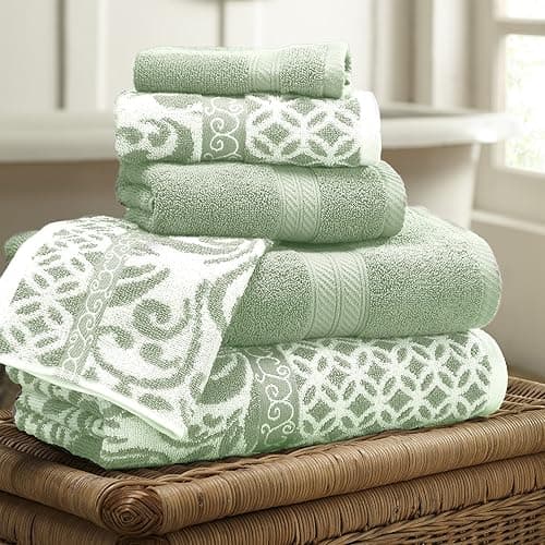 Modern Threads Trefoil Filigree 6-Piece Reversible Yarn Dyed Jacquard Towel Set - Bath Towels, Hand Towels, & Washcloths - Super Absorbent & Quick Dry - 100% Combed Cotton - Sage - Standard