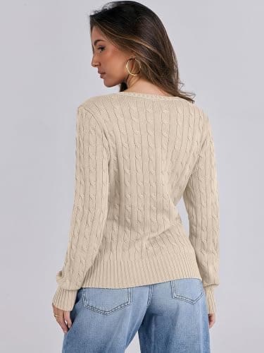 ANRABESS Womens Long Sleeve Cable Knit Sweater 2025 Fall Fashion V Neck Fitted Pullover Top Business Casual Work Fall Outfits thumbnail 6