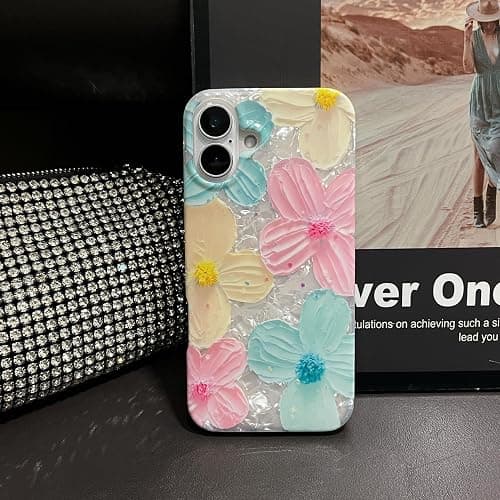 Jmltech for iPhone 16 Plus Case Girly Aesthetic Women Cute Floral Women Shockproof Flowers Oil Painting Flexible Silicone Phone Case for iPhone 16 Plus Mint Pink thumbnail 4