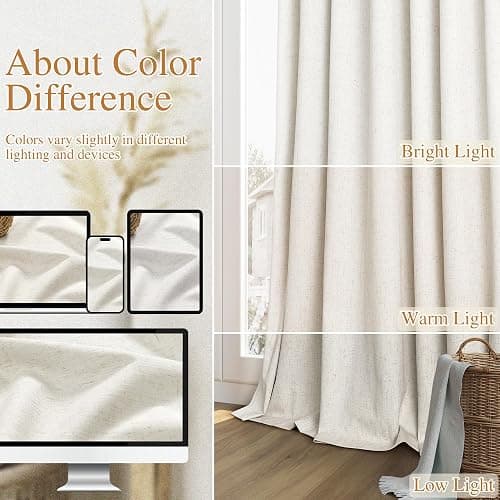 Guken Cream Linen Blackout Curtains 84 Inch Length 2 Panels Set for Living Room Bedroom Back Tab Thermal Insulated 100% Black Out Linen Drapes Room Darkening Window Curtains Ivory Natural thumbnail 7