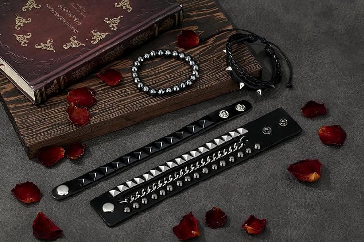 Sahoottie 4Pcs Studded Bracelet for Men Women 80s Spike Punk Cuff Grunge Bracelet Adjustable Emo Punk Rock Leather Goth Jewelry Halloween Accessories thumbnail 4