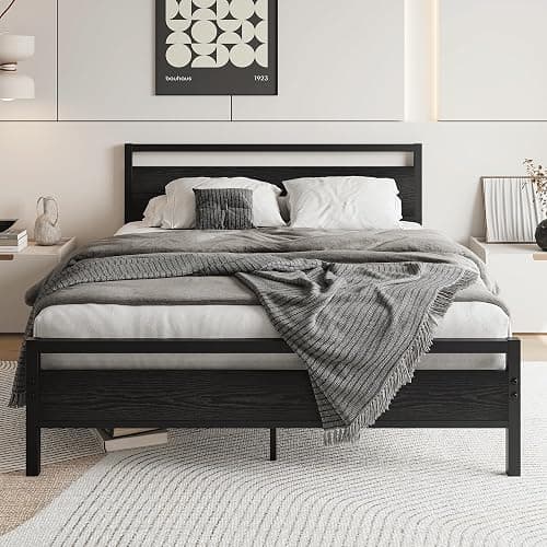 HOJINLINERO Queen Bed Frame with Wood Headboard,Metal Platform Bed Frame Queen Size with Storage No Box Spring Needed,Heavy Duty Queen Size Bed Frame Metal Slats Support Mattress Base No Noise,Black - Image 1