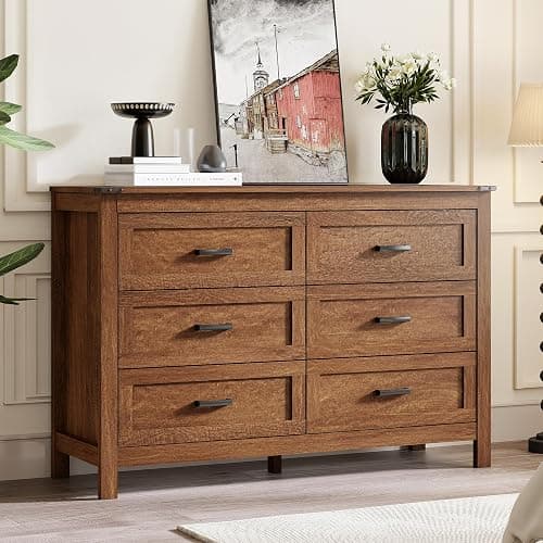 EazeHome 3 Piece Bedroom Set - Includes 6 Drawer Dresser for Bedroom, Set of 2 Nightstands with Open Storage Shelf and Drawers, Retro Dresser and Nightstand Sets, Rustic Brown thumbnail 3