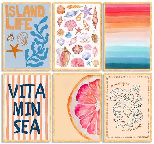 MBFKVFE 6 Pcs Coastal Wall Art, Colorful Beach Wall Decor with Seashell Starfish Coral and Grapefruit, Tropical Island Life Prints & Paintings for Bedroom Dorm Living Room 8x10 / 12x16 Inch Unframed - Image 1
