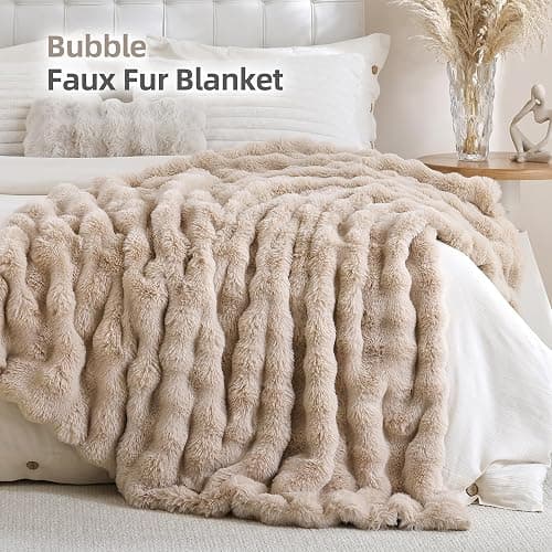 Smoofy Faux Fur Throw Blanket for Couch – Linen Fluffy Cozy Rabbit Fleece, Plush Soft Bubble Blanket for Sofa & Bed, for Mom, Warm Fuzzy Home Room Decor Throw 60" x 80" thumbnail 2