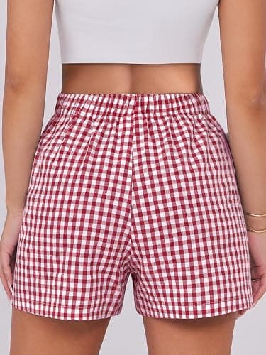 ANRABESS Boxer Shorts for Women Gingham Pajama 2025 Summer Casual Lounge Sleep Plaid Shorts Y2K Beach Bottoms - Red White Plaid - Large thumbnail 4