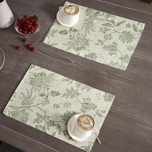 JINCHAN Linen Floral Fall Placemats Set of 4 Cloth Table Mats Rustic Cottagecore Jacobean Outdoor Seasonal for Kitchen Dining Table Decor Washable Tablemats 13x19 Inch Green thumbnail 2