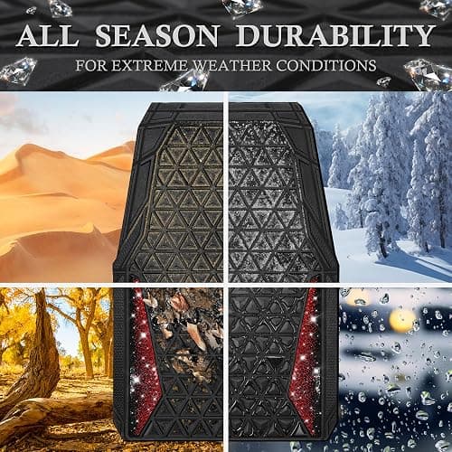CAR PASS Bling Diamond Car Mats Rubber Floor Mats Full Set Anti-Slip 3D Rhombus Waterproof Trim to Fit Liner Universal Glitter Crystal Sparkly Shining Rhinestone Girl Women SUV Sedan Van, Black Red thumbnail 3