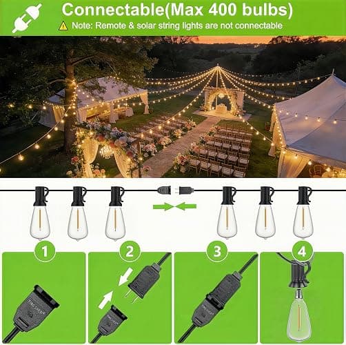 LaPitio 100FT Outdoor String Lights, Waterproof Patio Lights with Shatterproof ST38 Vintage Edison Bulbs, Connectable Outside Hanging Lights for Backyard, Porch, Deck, Balcony, Garden, 2700K Dimmable thumbnail 6