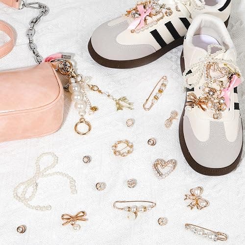 ELLEWIN 60 Pcs Charms for Socks Shoe Charms Safety Pin Brooch Gold Charms for Women Pearl Rhinestone Brooch Pins Junk Socks Pins Kit for Hat Clothes Shoe thumbnail 2