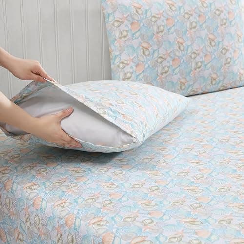 Coastal Print 3 Piece Twin Microfiber Sheet Set, Coco Pastel | Coastal/tropical theme polyester microfiber set with 12" deep pocket fitted elastic sheet thumbnail 3