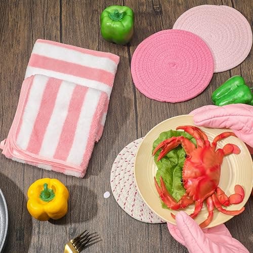 Zubebe Pink Oven Mitts and Pot Holders with Kitchen Towels Set of 7, Valentine's Day Gift for Women Heat Resistant Oven Gloves Kitchen Hand Towels Hot Pads for Cooking Baking(Plaid) thumbnail 2
