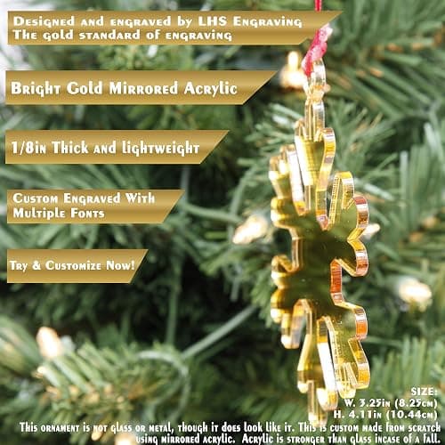 LHS Engraving - Personalized Snowflake Christmas Ornaments for 2024 | Custom Engraved Xmas Decorations for Tree, Mirrored Gold Acrylic, Shatter Resistant 1/8in Thick - Mirrored Acrylic - Gold - Snowflake thumbnail 3