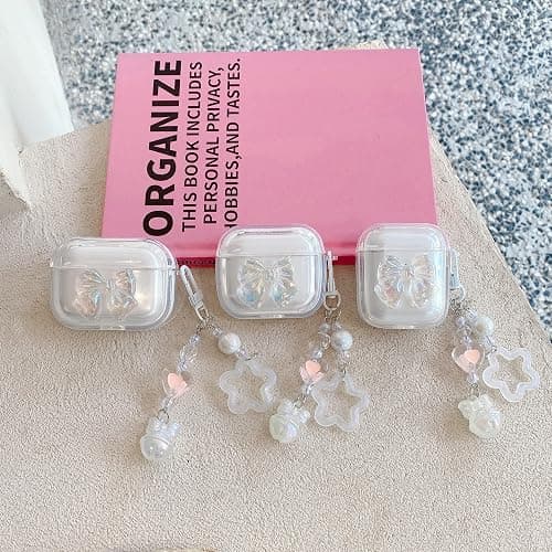 JANDM for AirPods 4 Case with Keychain,Shockproof Soft Clear Cute 3D Crysta Bowknot Design Cover with Bling Heart Beads Keychain for AirPods 4nd Generation -Bowknot thumbnail 7