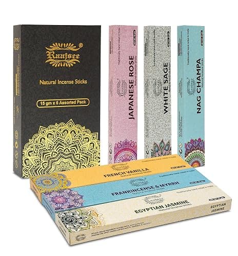 raajsee Incense Sticks 6 Pack Variety Set 15gm Each, Nag Champa- Jasmine - vanila-Japanese Rose-White Sage,100% Organic Hand Rolled- Perfect for Yoga, Meditation,Aromatherapy - Image 1