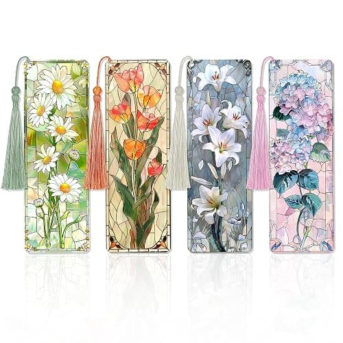 Zaamwoyy 4 Pcs Stained Glass Art Bookmarks for Reading Women, Flower Transparent PVC Bookmark with Tassels, Cute Book Accessories, Unique Book Marks for Bookish, Birthday Christmas Gift - Image 1