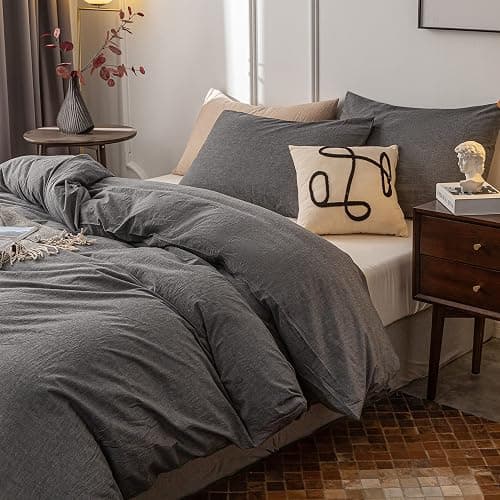 Janlive Washed Cotton Duvet Cover Full Ultra Soft 100% Cotton Solid Color Gray Duvet Cover Set with Zipper Closure -3 Pieces Grey Full thumbnail 4