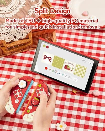 GeekShare Strawberries with Cream Case Compatible with Switch 2, Slim Separable Soft Silicone Protective Shell with 2 Thumb Grip Caps -- Red thumbnail 5
