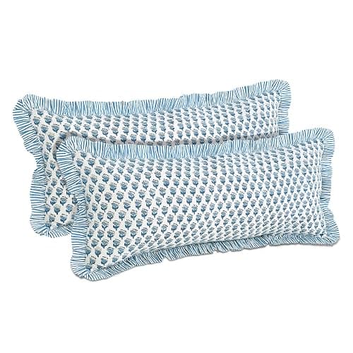 CPC Apatite Blue 100% Cotton Block Print Ruffle Sham Cover 14x36 inch, Handmade Boho Floral Pillowcase, Farmhouse Cottagecore Bedding, Soft Decorative Cushion Cover for Bedroom Décor thumbnail 9