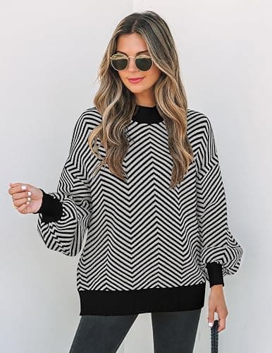 ZESICA Women's 2025 Fall Fashion Turtleneck Long Sleeve Striped Ribbed Knit Loose Pullover Sweater Tops thumbnail 4