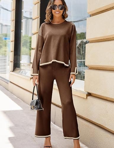 Tanming Women's 2 Piece Outfits Long Sleeve Knit Sweater Top Wide Leg Pants Lounge Sets Tracksuits thumbnail 2