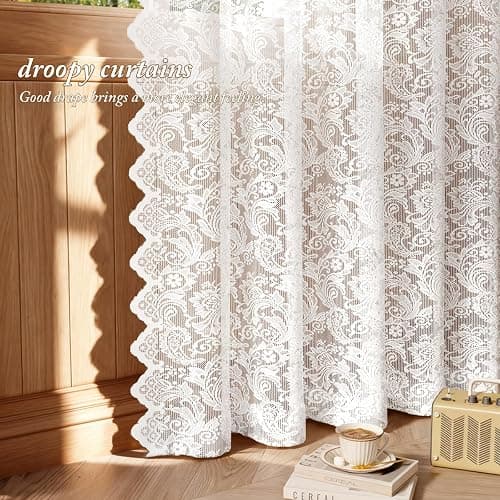 Rinwoc White Lace Semi-Sheer Curtains – Vintage Floral Lace for Bedroom/Bathroom, Light Filtering Rod Pocket Drapes, Privacy Chic Window Treatments Scalloped Hem, 52W x 72L Inch, 2-Panel Set thumbnail 4