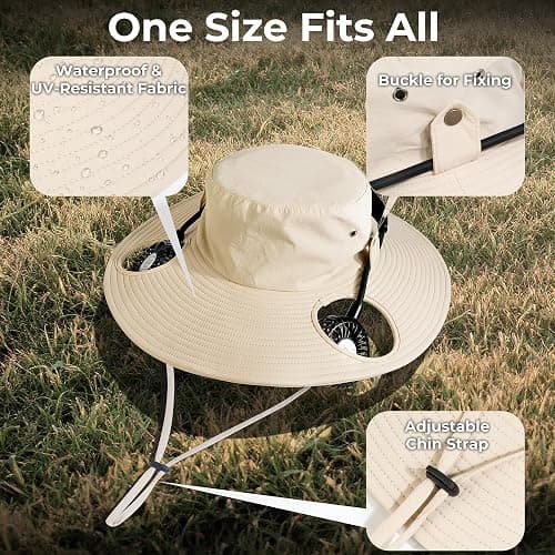 AMACOOL 2-in-1 Hands-Free Hat Fan with Detachable Neck Fan, UPF 50+ Wide Brim Sun Hat, 3-Speed Adjustable, 2600mAh Rechargeable Fishing Essentials for Men Women Camping Travel Delivery Outdoor-Khaki thumbnail 7